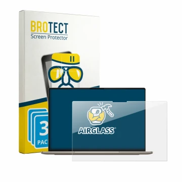 Front side of a product packaging with the brand logo BROTECT. Next to it is the device Dell XPS Googlebook shown with the cor