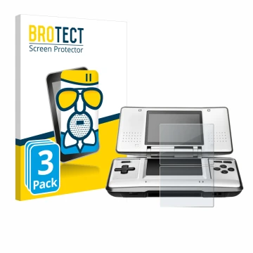 Front side of a product packaging with the brand logo BROTECT. Next to it is the device Nintendo DS shown with the correspondi