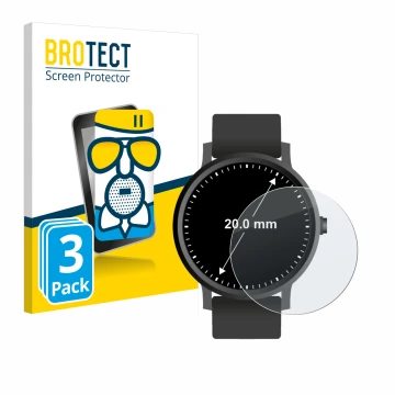 Front side of a product packaging with the brand logo BROTECT. Next to it is the device Watches (Circular, ø: 20 mm) shown wit