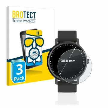 Front side of a product packaging with the brand logo BROTECT. Next to it is the device Watches (Circular, ø: 38 mm) shown wit