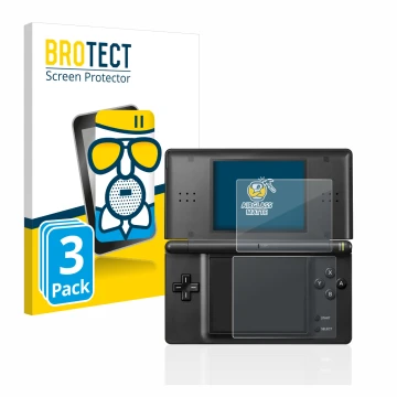 Front side of a product packaging with the brand logo BROTECT. Next to it is the device Nintendo DS LITE shown with the corres