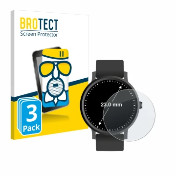 Front side of a product packaging with the brand logo BROTECT. Next to it is the device Watches (Circular, ø: 23 mm) shown wit