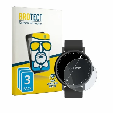 Front side of a product packaging with the brand logo BROTECT. Next to it is the device Watches (Circular, ø: 33 mm) shown wit