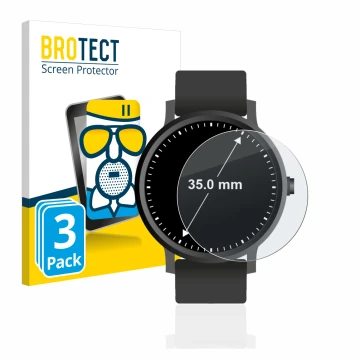 Front side of a product packaging with the brand logo BROTECT. Next to it is the device Watches (Circular, ø: 35 mm) shown wit