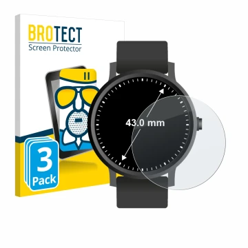 Front side of a product packaging with the brand logo BROTECT. Next to it is the device Watches (Circular, ø: 43 mm) shown wit