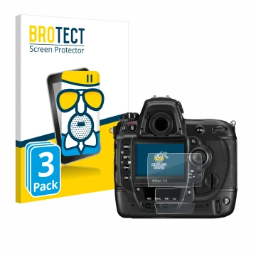 Front side of a product packaging with the brand logo BROTECT. Next to it is the device Nikon D3 shown with the corresponding 