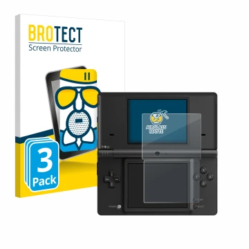 Front side of a product packaging with the brand logo BROTECT. Next to it is the device Nintendo DSi shown with the correspond