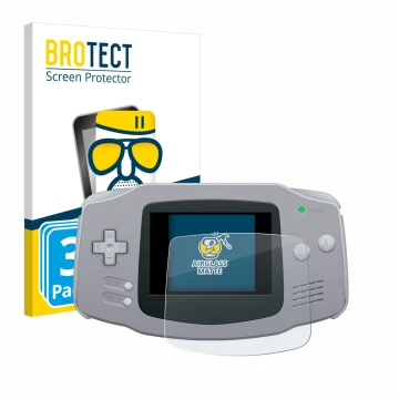 Front side of a product packaging with the brand logo BROTECT. Next to it is the device Nintendo Gameboy Advance GBA shown wit