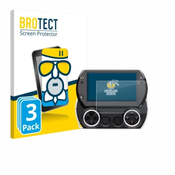 Front side of a product packaging with the brand logo BROTECT. Next to it is the device Sony PSP Go shown with the correspondi