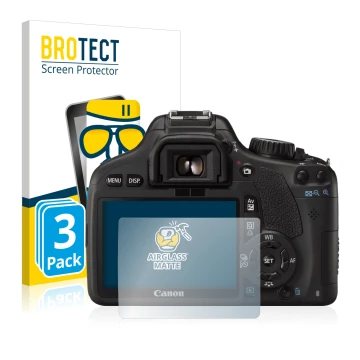 Front side of a product packaging with the brand logo BROTECT. Next to it is the device Canon EOS 550D shown with the correspo