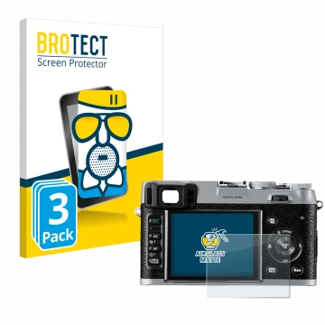Front side of a product packaging with the brand logo BROTECT. Next to it is the device Fujifilm FinePix X100 shown with the c