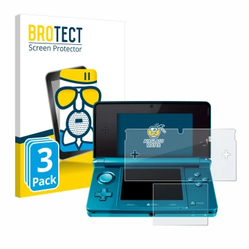 Front side of a product packaging with the brand logo BROTECT. Next to it is the device Nintendo 3DS shown with the correspond