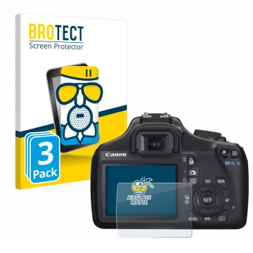 Front side of a product packaging with the brand logo BROTECT. Next to it is the device Canon EOS 1100D shown with the corresp