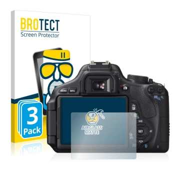 Front side of a product packaging with the brand logo BROTECT. Next to it is the device Canon EOS 600D shown with the correspo