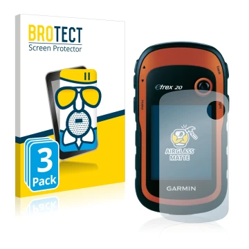 Front side of a product packaging with the brand logo BROTECT. Next to it is the device Garmin eTrex 20 shown with the corresp