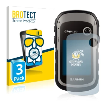 Front side of a product packaging with the brand logo BROTECT. Next to it is the device Garmin eTrex 30 shown with the corresp