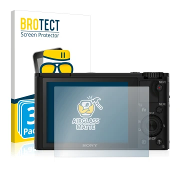 Front side of a product packaging with the brand logo BROTECT. Next to it is the device Sony Cyber-Shot DSC-RX100 shown with t