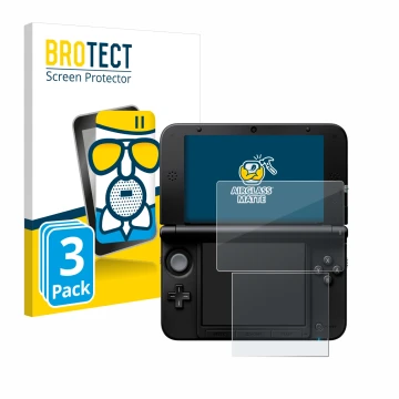 Front side of a product packaging with the brand logo BROTECT. Next to it is the device Nintendo 3DS XL SPM7800 shown with the