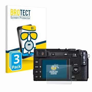 Front side of a product packaging with the brand logo BROTECT. Next to it is the device Fujifilm X-E1 shown with the correspon
