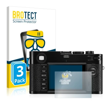 Front side of a product packaging with the brand logo BROTECT. Next to it is the device Leica M (Typ 240) shown with the corre