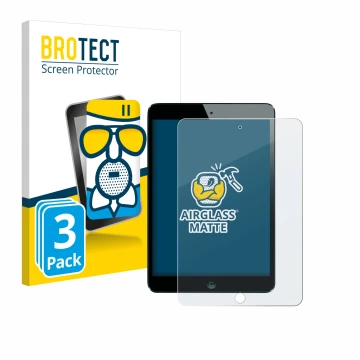Front side of a product packaging with the brand logo BROTECT. Next to it is the device Apple iPad Mini 1 2012 shown with the 
