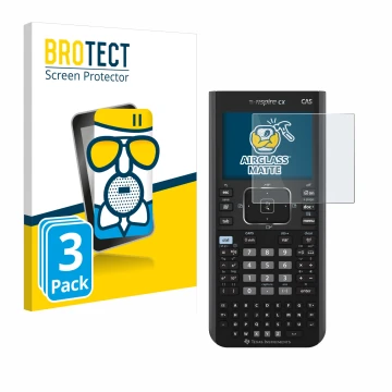 Front side of a product packaging with the brand logo BROTECT. Next to it is the device Texas Instruments Nspire CX CAS shown 