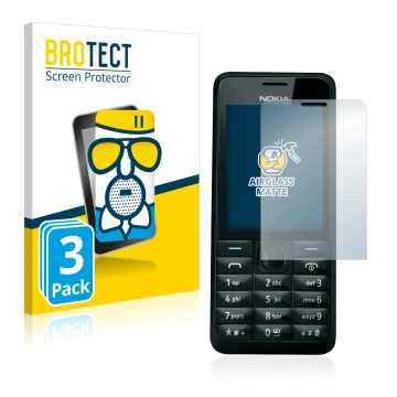 Front side of a product packaging with the brand logo BROTECT. Next to it is the device Nokia 301 shown with the corresponding