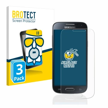 Front side of a product packaging with the brand logo BROTECT. Next to it is the device Samsung Galaxy S4 Mini shown with the 
