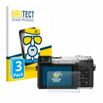 Front side of a product packaging with the brand logo BROTECT. Next to it is the device Panasonic Lumix DMC-GX7 shown with the