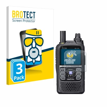 Front side of a product packaging with the brand logo BROTECT. Next to it is the device Icom ID-51 shown with the correspondin