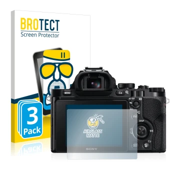 Front side of a product packaging with the brand logo BROTECT. Next to it is the device Sony Alpha 7 (ILCE-7) shown with the c