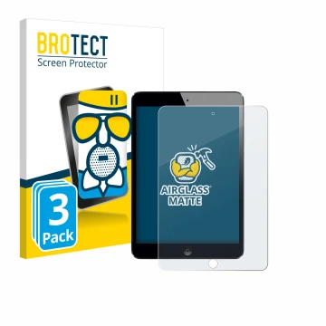 Front side of a product packaging with the brand logo BROTECT. Next to it is the device Apple iPad Mini 2 2013 shown with the 