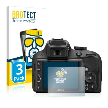 Front side of a product packaging with the brand logo BROTECT. Next to it is the device Nikon D3300 shown with the correspondi