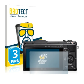 Front side of a product packaging with the brand logo BROTECT. Next to it is the device Sony Alpha 5000 (DSLR-A5000) shown wit