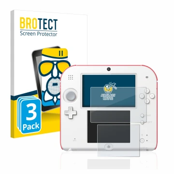 Front side of a product packaging with the brand logo BROTECT. Next to it is the device Nintendo 2DS shown with the correspond