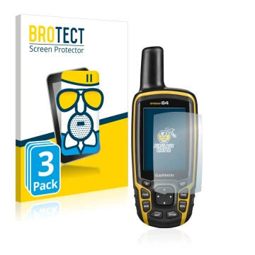 Front side of a product packaging with the brand logo BROTECT. Next to it is the device Garmin GPSMAP 64 shown with the corres