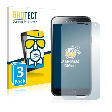 Front side of a product packaging with the brand logo BROTECT. Next to it is the device Samsung Galaxy S5 shown with the corre