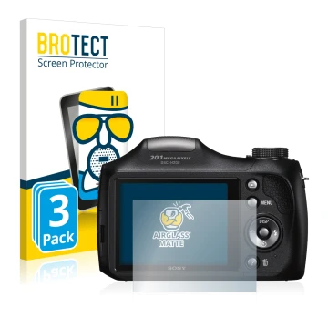 Front side of a product packaging with the brand logo BROTECT. Next to it is the device Sony Cyber-Shot DSC-H300 shown with th