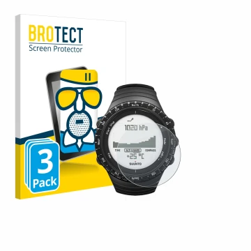 Front side of a product packaging with the brand logo BROTECT. Next to it is the device Suunto Core Regular Black shown with t