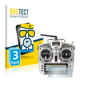 Front side of a product packaging with the brand logo BROTECT. Next to it is the device FrSky Taranis X9D shown with the corre