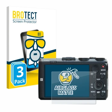 Front side of a product packaging with the brand logo BROTECT. Next to it is the device Sony Cyber-Shot DSC-HX60 shown with th