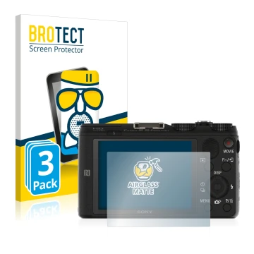 Front side of a product packaging with the brand logo BROTECT. Next to it is the device Sony Cyber-Shot DSC-HX60V shown with t
