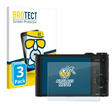 Front side of a product packaging with the brand logo BROTECT. Next to it is the device Sony Cyber-Shot DSC-WX350 shown with t