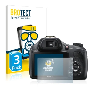 Front side of a product packaging with the brand logo BROTECT. Next to it is the device Sony Cyber-Shot DSC-HX400V shown with 