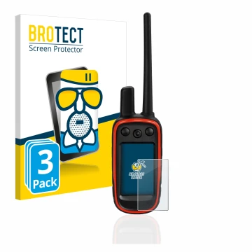 Front side of a product packaging with the brand logo BROTECT. Next to it is the device Garmin Alpha 100 shown with the corres