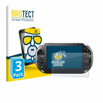 Front side of a product packaging with the brand logo BROTECT. Next to it is the device Sony Playstation PS Vita Slim shown wi