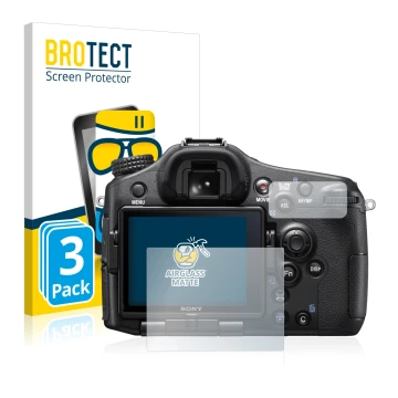 Front side of a product packaging with the brand logo BROTECT. Next to it is the device Sony Alpha 77 II (SLT-A77 II) shown wi