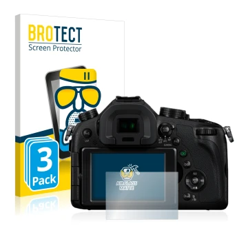 Front side of a product packaging with the brand logo BROTECT. Next to it is the device Panasonic Lumix DMC-FZ1000 shown with 