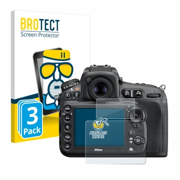 Front side of a product packaging with the brand logo BROTECT. Next to it is the device Nikon D810 shown with the correspondin