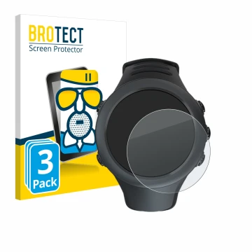 Front side of a product packaging with the brand logo BROTECT. Next to it is the device Suunto Ambit3 Sport Black shown with t